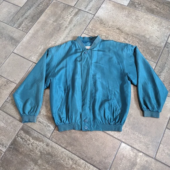 Lucky Star Vintage 100% Silk Luxury Lightweight Unisex Bomber Jacket Size L Teal - Picture 3 of 11